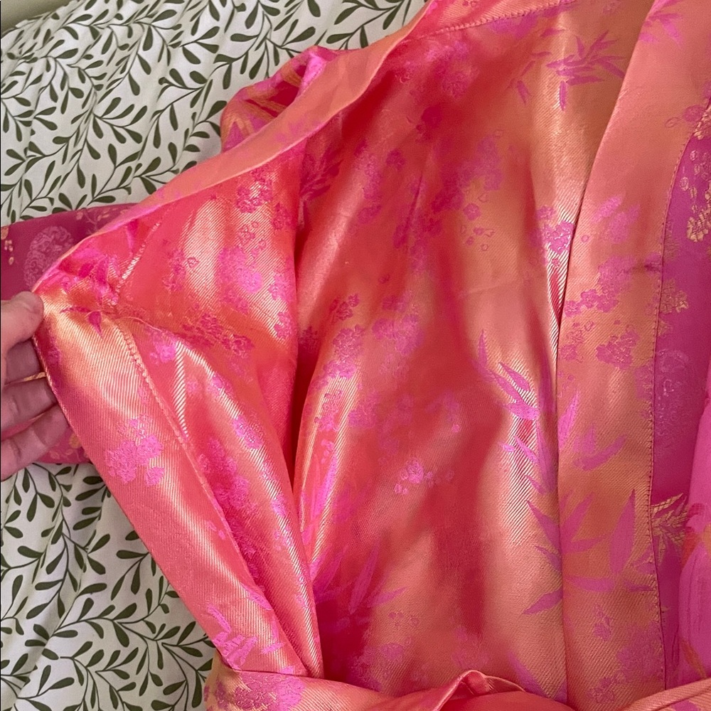 Pink Satin Kimono Robe Traditional with Gold Bamboo & Floral Print - Picture 6 of 11